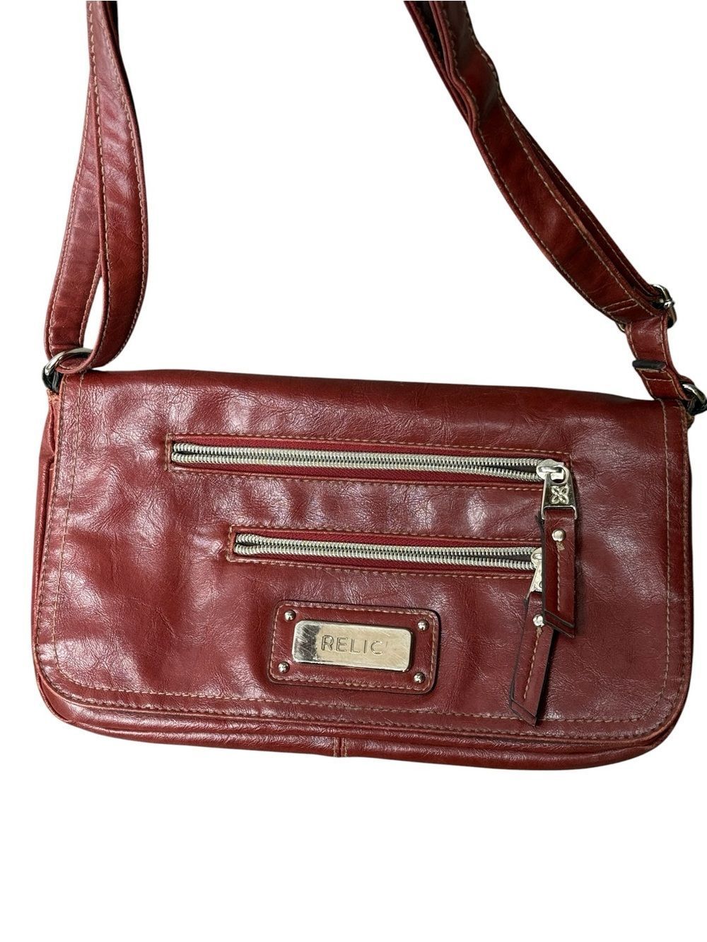Vintage Relic Crossbody Flap Over Messenger Bag Faux Leather Wine Color Purse